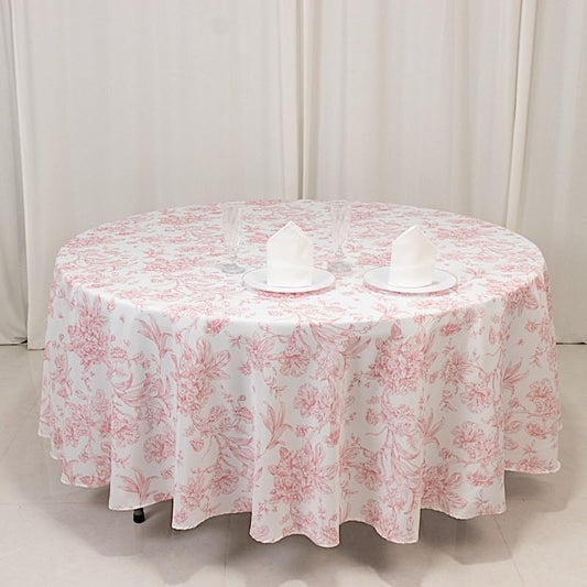 Balsa Circle 108" Round White with Pink French Toile Polyester Tablecloth Washable Vintage Pastoral Floral Rustic Table Cover for Indoor & Outdoor, Farmhouse Decor, Picnic, Tabletop Decoration