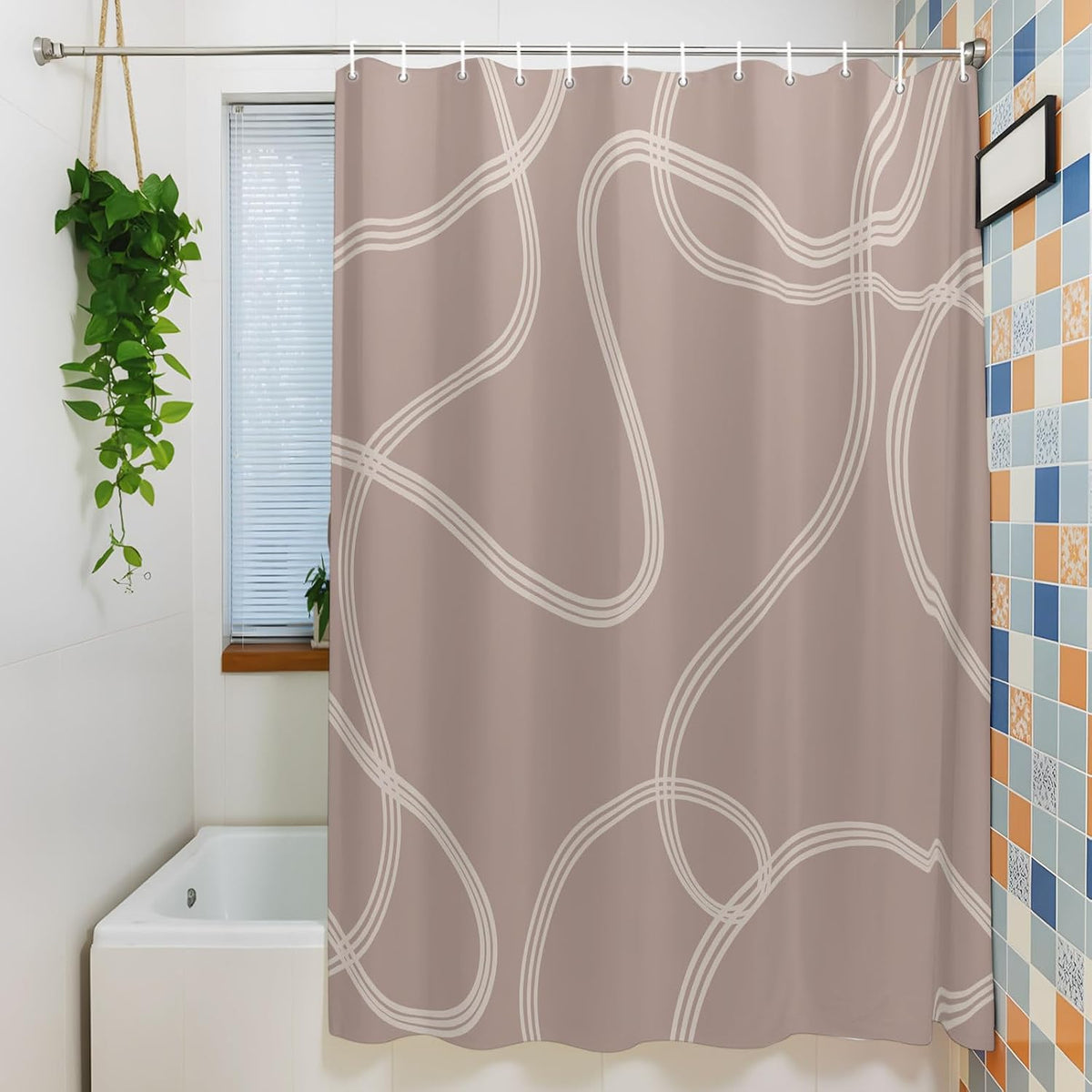 Minimalist Wavy Lines Shower Curtain for Bathroom Abstract Modern Artistic Pink Cream Fabric Shower Curtain Liner Waterproof Cloth Bath Curtains Set 12 Hooks 48 * 72IN