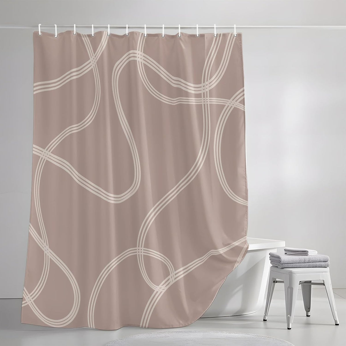 Minimalist Wavy Lines Shower Curtain for Bathroom Abstract Modern Artistic Pink Cream Fabric Shower Curtain Liner Waterproof Cloth Bath Curtains Set 12 Hooks 48 * 72IN