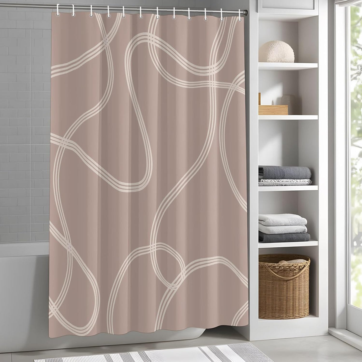 Minimalist Wavy Lines Shower Curtain for Bathroom Abstract Modern Artistic Pink Cream Fabric Shower Curtain Liner Waterproof Cloth Bath Curtains Set 12 Hooks 48 * 72IN