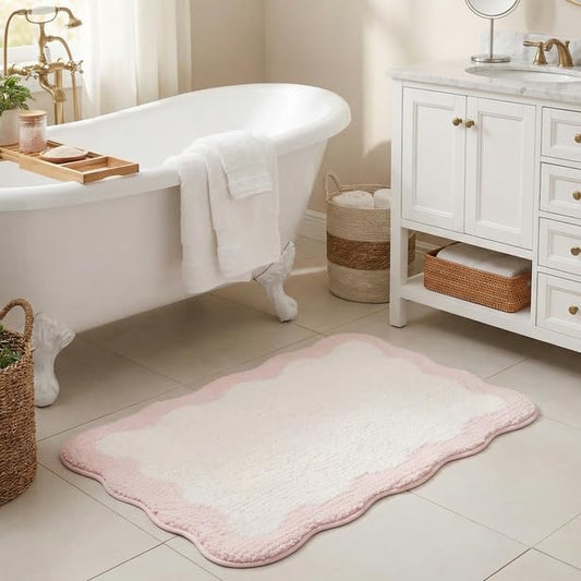 GRANNY SAYS Waved Pink Bathroom Rugs, 24" x 16", Non-Slip Bath Mats for Bathroom, Plush Shag Absorbent Microfiber Ultra Soft Scalloped Bath Mat, Cute Washable Rug for Tub, Shower, Bedroom