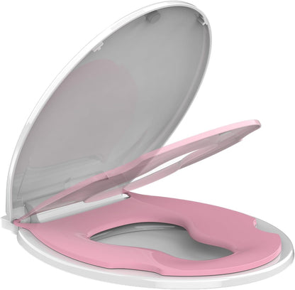 Round Toilet Seats with Toddler Seat Built In, Potty Training Toilet Seat Round Fits Both Adult and Child，with Slow Close and Magnets,Safe PP Material Easy Clean,White and Pink
