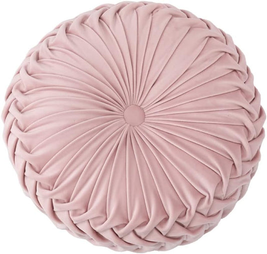 NatureMan 13.7 inch Round Sofa Cushion Pure Color Velvet Home Decor, Pleated Round Cushion, Pumpkin Pillow Suitable for Home Bed car Decoration (Pink)