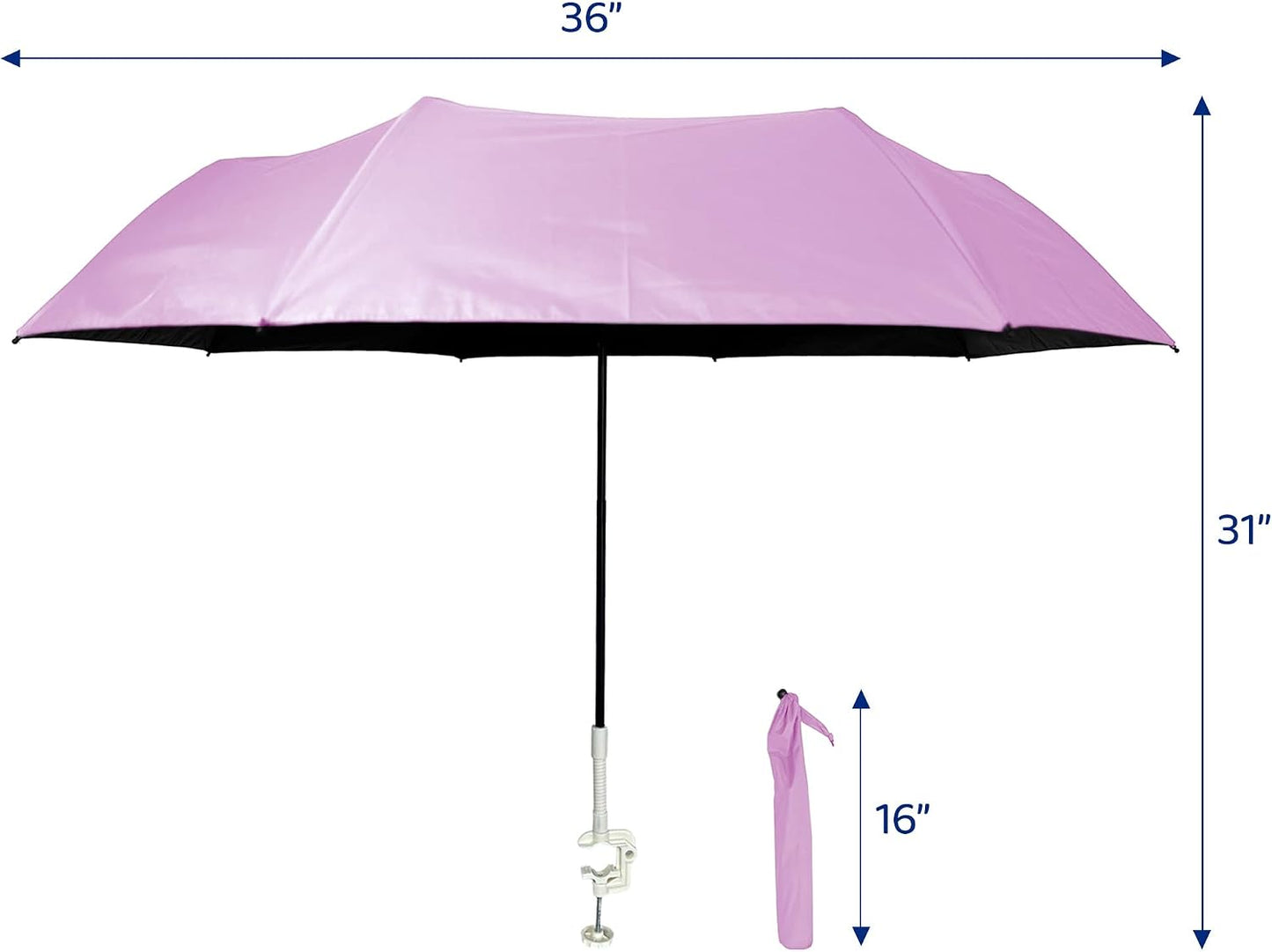 Clamp on Chair Umbrella, folds to just 16", overhead-bin friendly, carry-on sized, meets standard carry-on regulations, easy to travel sun shade umbrella that can be used for beach, resort, cruise, or camping. Frees hands for reading and relaxation.