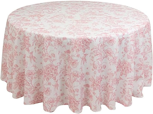 Balsa Circle 120" White with Pink French Toile Polyester Round Vintage Pastoral Floral Rustic Table Cloth Washable Table Cover for Indoor&Outdoor, Farmhouse Decor, Picnic, Tabletop Decoration