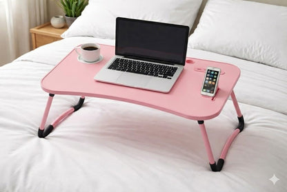 Portable Laptop Bed Table with Foldable Legs, Bamboo Wood Lap Desk with Cup Holder and Phone Slot, Non-Slip Feet for Work Study Breakfast Reading (Pink)