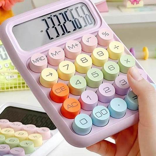 Mechanical Calculator, Pink 12 Digit Large LCD Display Big Round Button Calculator, Typewriter-Inspired Mechanical Key Calculators for Office, School, Business (Pink Purple)