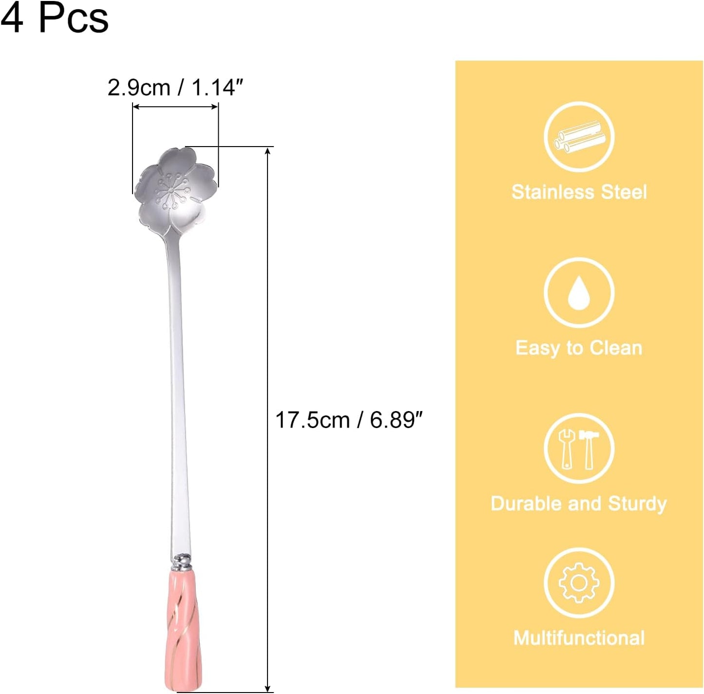 uxcell 4Pcs Stainless Steel Flower Spoons 7 Inch Cherry Blossom Shape Coffee Spoon Small Teaspoon Dessert Spoon for Espresso Sugar Cake, Pink Silver