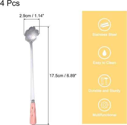 uxcell 4Pcs Stainless Steel Flower Spoons 7 Inch Cherry Blossom Shape Coffee Spoon Small Teaspoon Dessert Spoon for Espresso Sugar Cake, Pink Silver