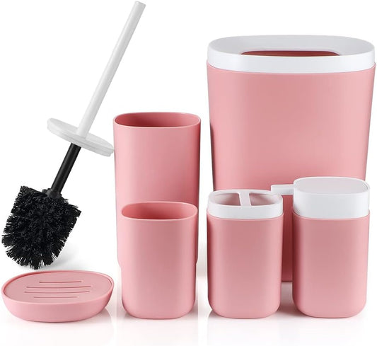 Otostar 6 Piece Bathroom Accessory Set Plastic Bath Accessories Bathroom Gifts Set with Soap Dispenser Toothbrush Holder Tumbler Soap Dish Toilet Brush Holder Trash Can Decor Countertop (Light Pink)