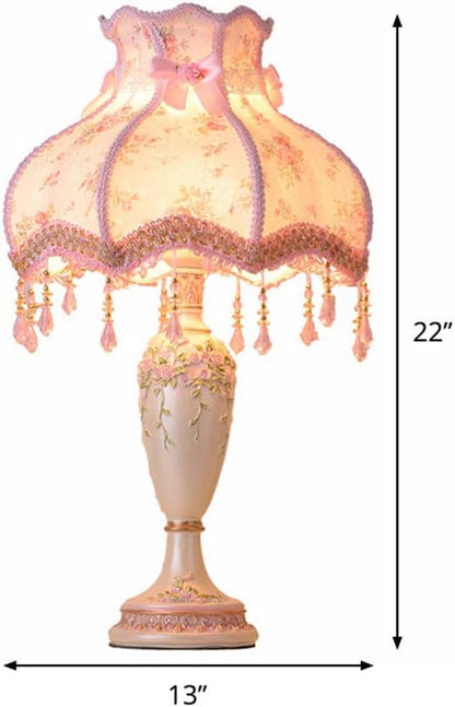 Night Stand Lamp Single Bulb Desk lamp Romantic Pastoral Scalloped Dress Fabric with Braided Trim Table Light Bedside Lamp -Pink