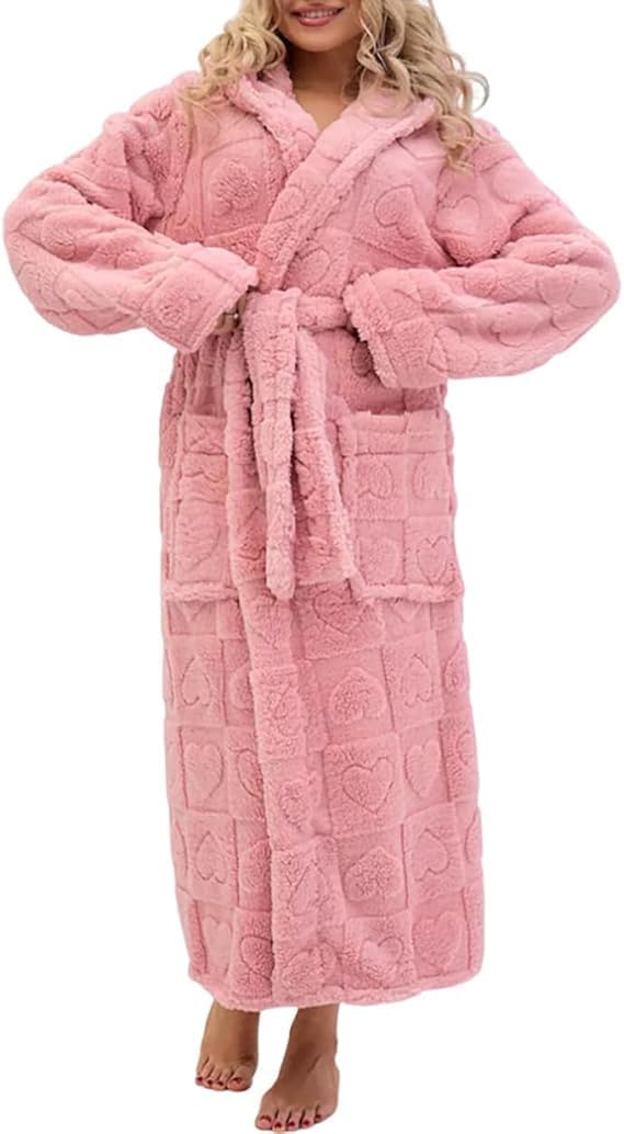 Womens Plush Hooded Robe Heart Long Fleece Bathrobe with Belt and Pockets Loungewear Cozy House Coat