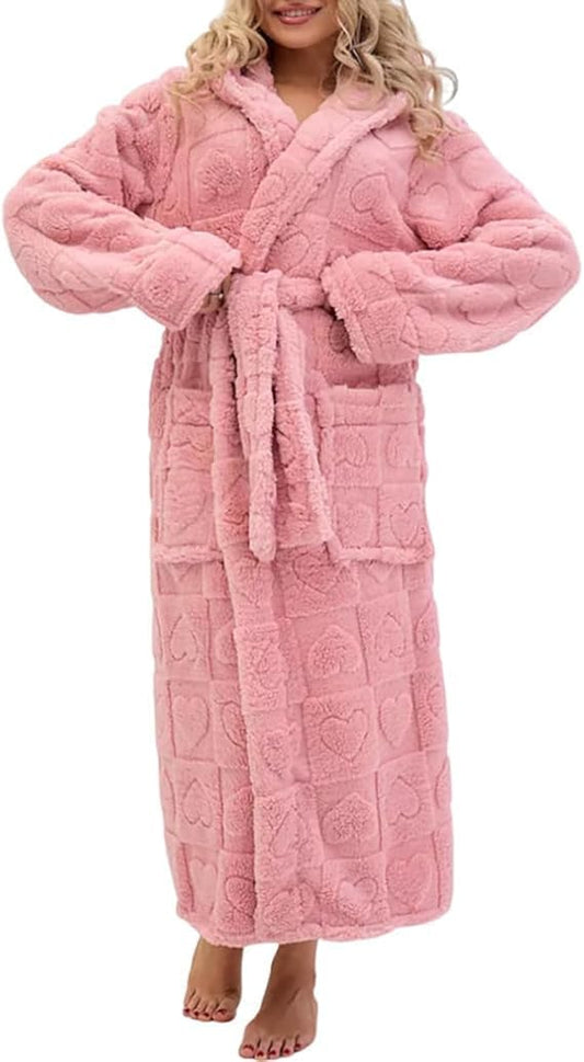 Womens Plush Hooded Robe Heart Long Fleece Bathrobe with Belt and Pockets Loungewear Cozy House Coat