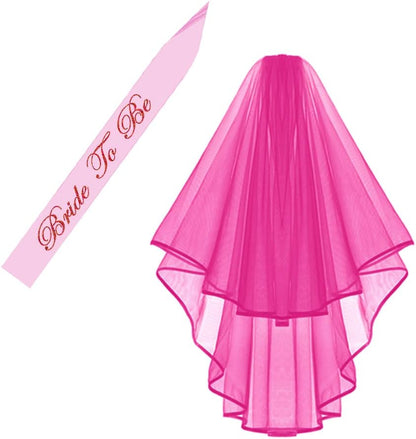 Hot Pink Double Ribbon Edge Center Cascade Bridal Wedding Veil with Comb & Bride To Be Satin Sash- Bachelorette Party Decorations Supplies