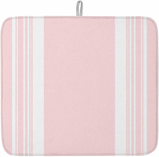 Pink Striped Dish Drying Mat 1 Pack, Modern Classic Stripe Rustic Farmhouse Country Absorbent Heat Insulating Kitchen Drying Pad Drainer Mats for Sink Counter Pot Dishes 16 X 18 Inch