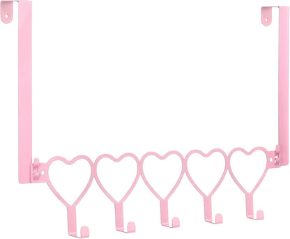 AceOrbit Pink Heart Over The Door Hooks Hanger Wall Mount Towel Hanger Door Holder Organizer 5 Hooks Kawaii Farmhouse Rustic Coquettish Style Decor for Bedroom Bathroom Towel Hat Clothes