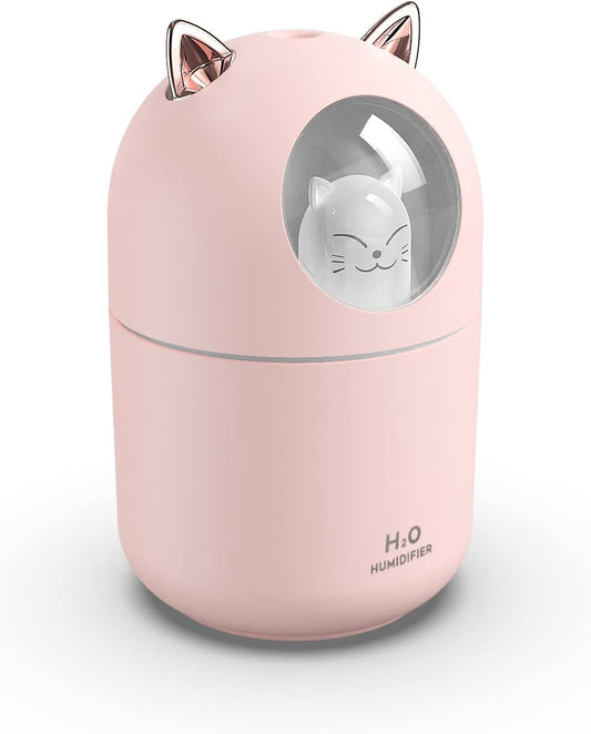 Portable 300ml Mini Cool Mist Humidifier With Night Light, USB Auto Shut-Off, Ultra-Quiet, 2 Spray Modes for Home Office Travel (Pink)