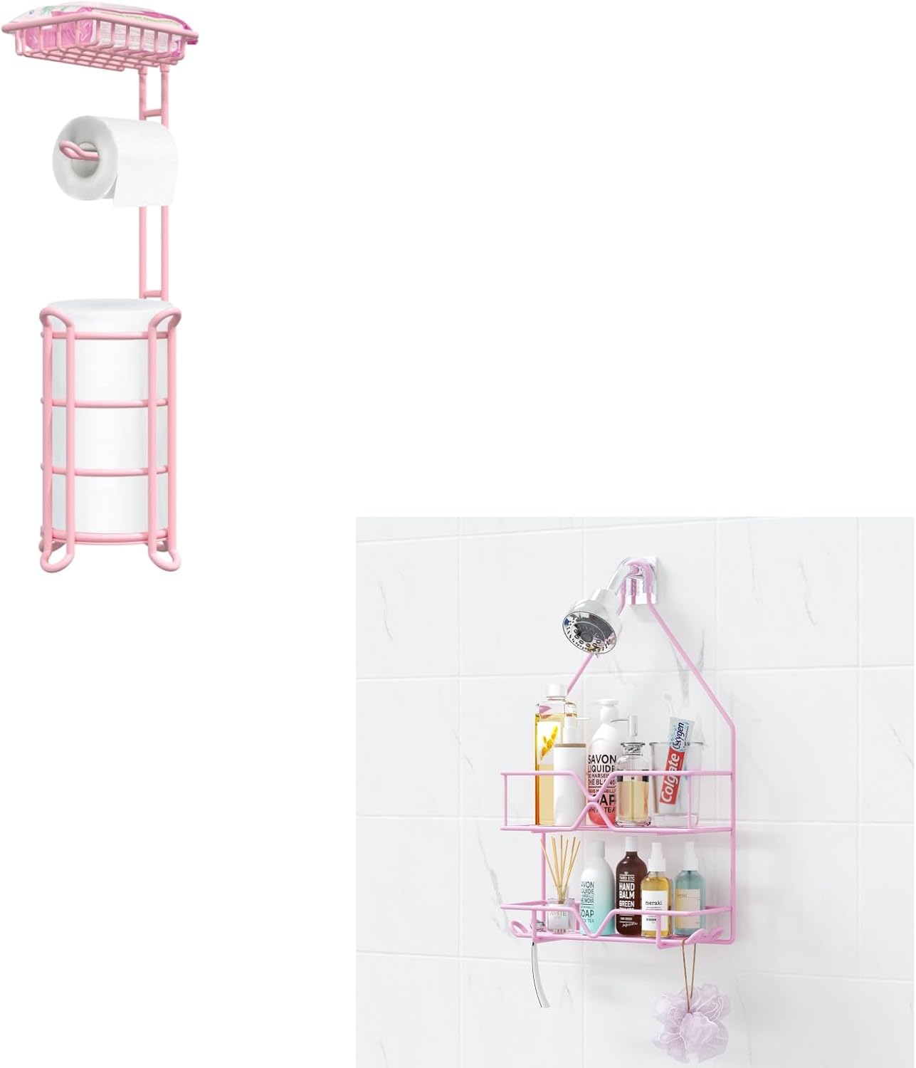 Pink Toilet Paper Holder Free Standing and Pink Shower Caddy