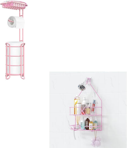 Pink Toilet Paper Holder Free Standing and Pink Shower Caddy