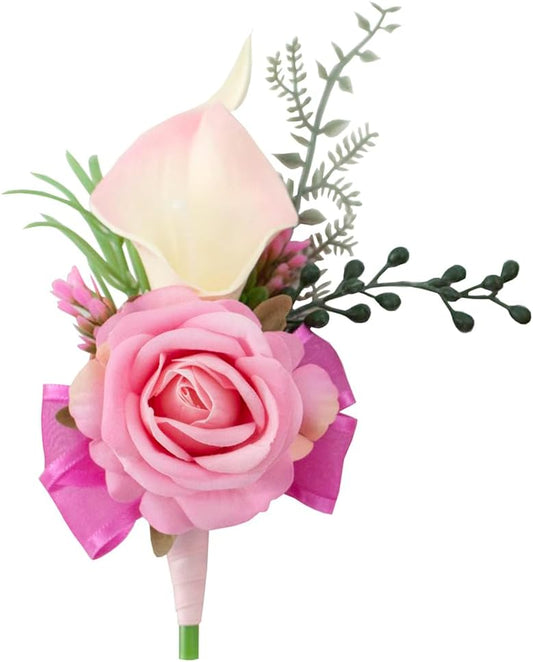 1Pc Single Soft Rose Pink Boutonnieres for Men Wedding Prom, Artificial Calla Lily Sunflower Flower Groom and Groomsmen Boutonniere for Wedding Homecoming Ceremony, Party