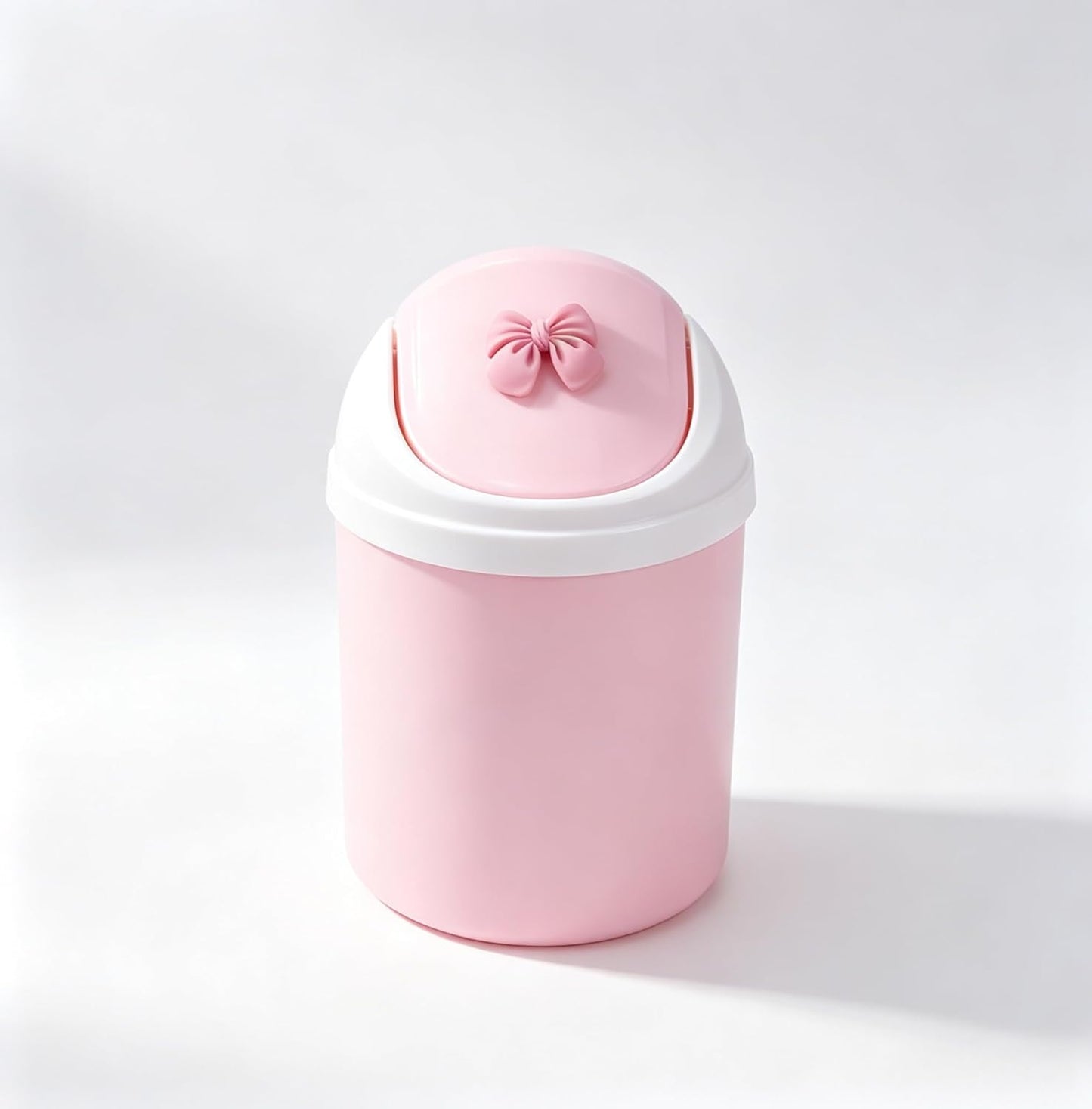 Mini Pink Desktop Trash Can with Swing Lid, Resin Bow Accent – 3.5L(0.92 Gal) Compact Odor Control Small Waste Bin, Durable Plastic Tabletop Garbage Pail