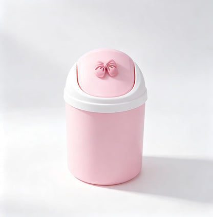 Mini Pink Desktop Trash Can with Swing Lid, Resin Bow Accent – 3.5L(0.92 Gal) Compact Odor Control Small Waste Bin, Durable Plastic Tabletop Garbage Pail