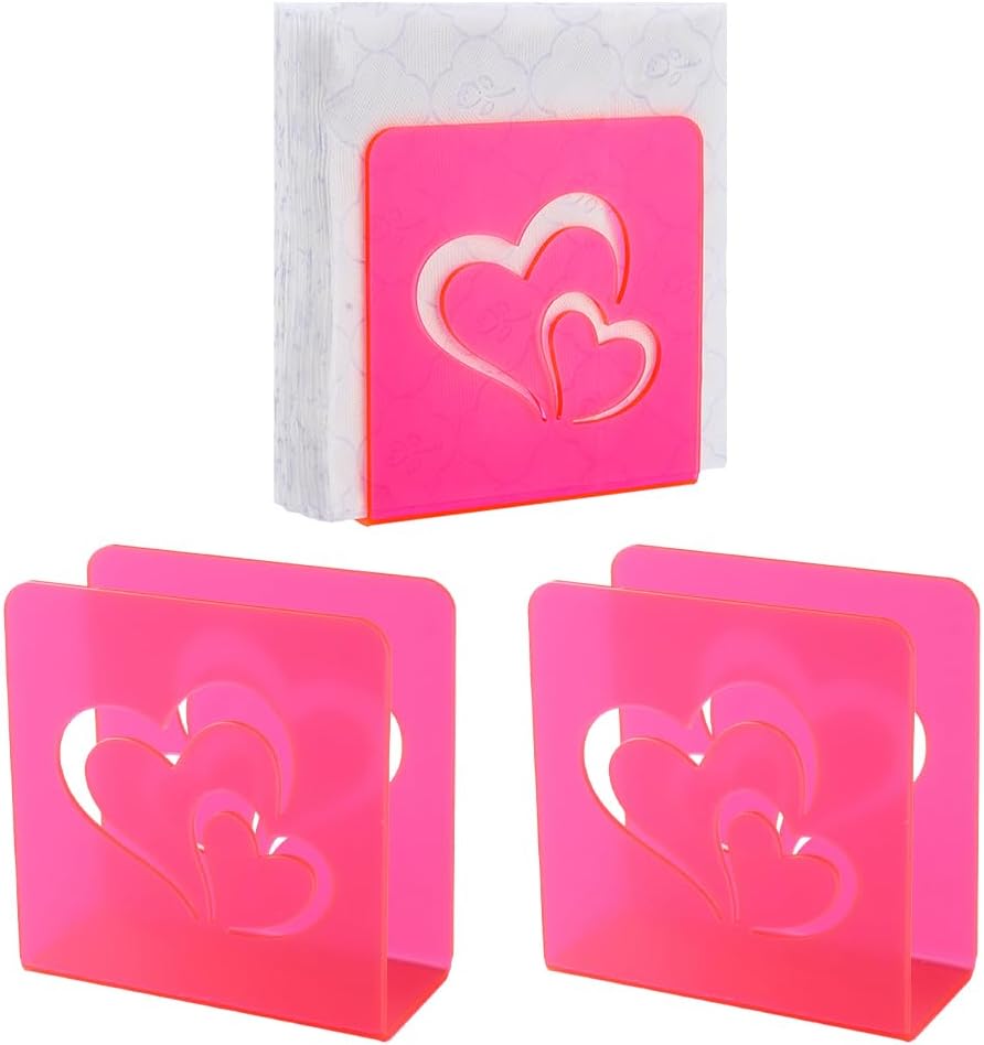PH PandaHall 3 Pack Hot Pink Napkin Holder, Acrylic Heart Napkin Holder for Table Decorative Napkins Storage Tissue Paper Dispenser with Double Heart for Wedding Kitchen Restaurant Bars Partites Home
