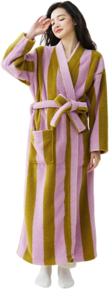 Womens Color Striped Terry Cloth Long Robe Soft Absorbent Coral Fleece Spa Bathrobe Warm Cute Plush House Coat,Pink,XL
