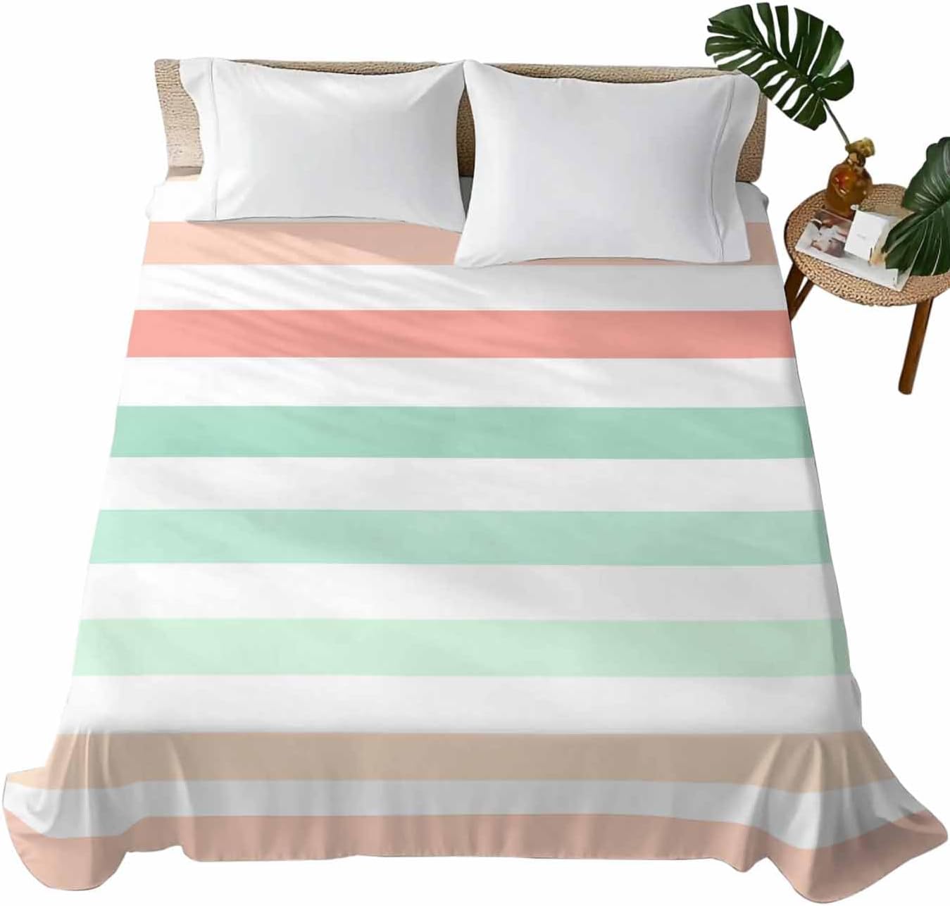 Twin Flat Sheet, Peach Pink Green Ombre Twin Bed Sheets Only, Soft Microfiber Flat Sheet, Farmhouse Stripe Modern Hotel Quality Bedding Top Sheet Bedroom Home Dorm Decor