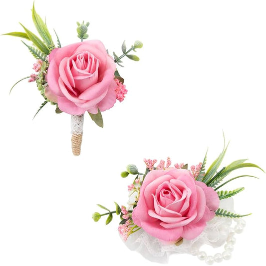 Ansofi Pink Corsage and Boutonniere Set Artificial Rose Flower Wrist Corsage and Boutineers for Groom Groomsmen Bride Bridesmaids Prom Rustic Vintage Wedding Decor