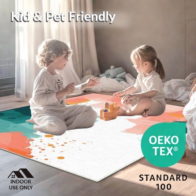 Design&I 4'x6' Easy Clean Watercolor Abstract Accent Rug, Peach for Playroom, Bedroom, Reading Nook, Sleek Flatweave Pet Friendly & Non-Slip Built-in Grip Floor Covering | 2131296