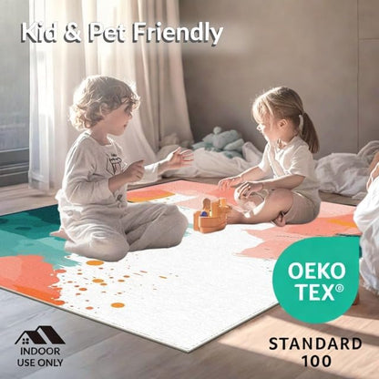 Design&I 4'x6' Easy Clean Watercolor Abstract Accent Rug, Peach for Playroom, Bedroom, Reading Nook, Sleek Flatweave Pet Friendly & Non-Slip Built-in Grip Floor Covering | 2131296