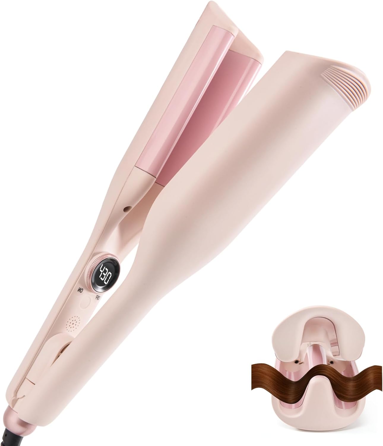 Hair Waver 1.25 Inch Double Barrel Curling Iron, Ionic Beach Waver for Women, Ceramic Deep Waver with 7 Adjustable Heat Settings, Fast Heat Up, Digital Display, Mermaid Waves Styling Tool,Pink