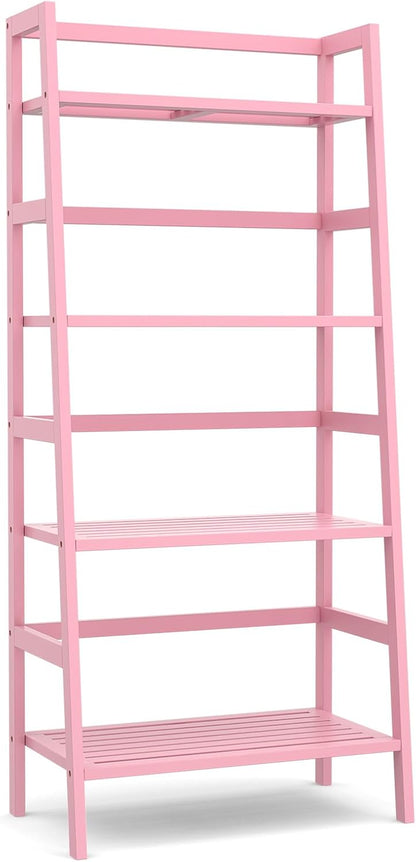 Homykic Bamboo Ladder Bookshelf, 4-Tier Ladder Shelf Open Book Shelf Freestanding Bookcase Bathroom Storage Rack Plant Stand for Living Room, Bedroom, Office, Easy Assembly, Pink