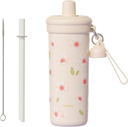 20 oz Thermo Cup with Straw, Thermal Insulated Car Cups with Hand Strap, Stainless Steel Cups with Leak-Proof Lid, Insulated Tumbler Ideal for Office, Travel and Outdoor Use (Peach Blossom)