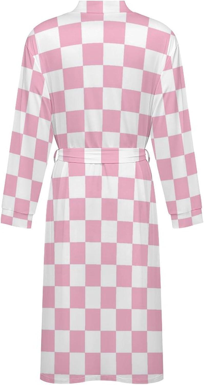 Sleepwear Robe for Women Men - Pink Pastel Checkered Print Lightweight Kimono Bathrobe with Tie Belt