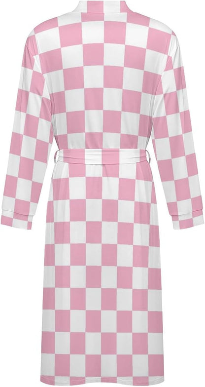 Sleepwear Robe for Women Men - Pink Pastel Checkered Print Lightweight Kimono Bathrobe with Tie Belt