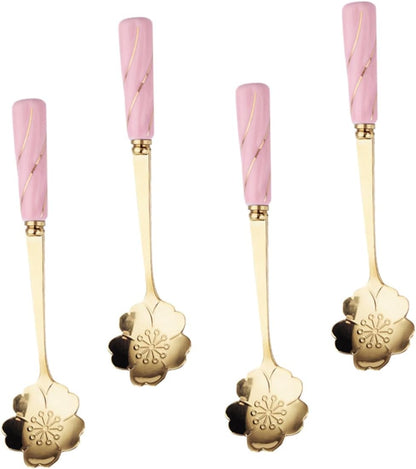 Mobestech 4pcs Dessert Spoons with Elegant Flower Ceramic Handles Creative Mixing and Cake Serving Utensils Stylish Pink Gold Design Practical for Coffee Tea and Beverages