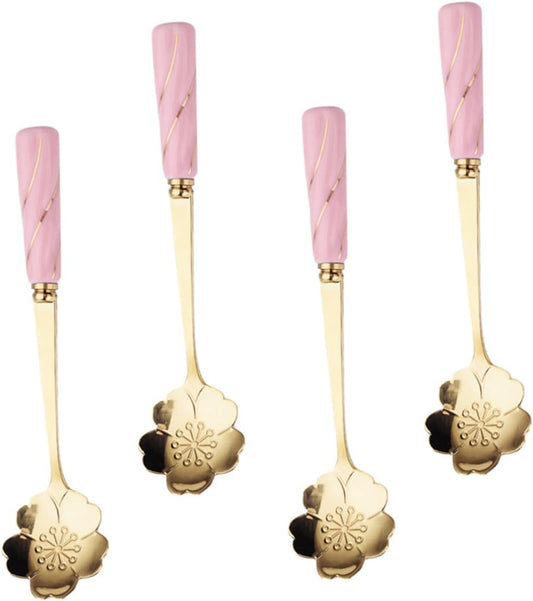 Mobestech 4pcs Dessert Spoons with Elegant Flower Ceramic Handles Creative Mixing and Cake Serving Utensils Stylish Pink Gold Design Practical for Coffee Tea and Beverages