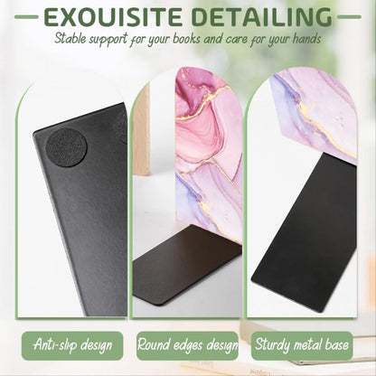 Wood Bookends Non-Slip Bookends Book Stand for Shelves Books/CD - Pink Marble Pattern