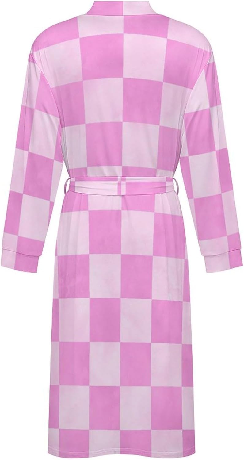 Sleepwear Robe for Women Men - Pink Checker Print Lightweight Kimono Bathrobe with Tie Belt