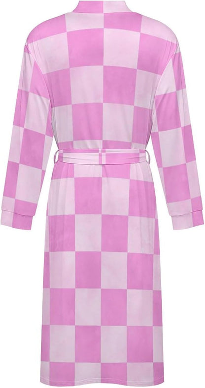 Sleepwear Robe for Women Men - Pink Checker Print Lightweight Kimono Bathrobe with Tie Belt