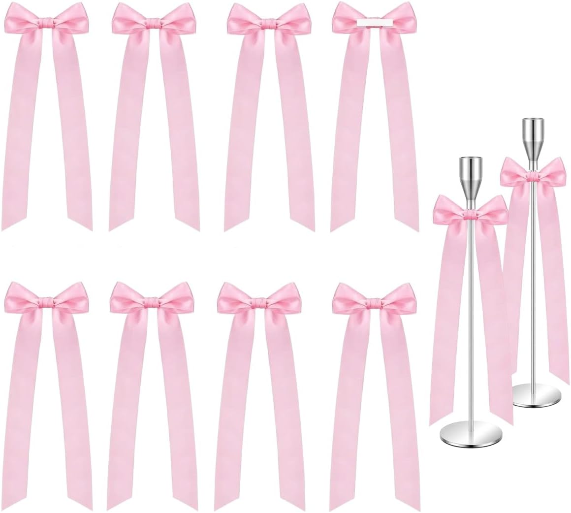 Pink Bows Decor for Candlesticks, 10 Pcs Long Tail Fabric Ribbon Bows for Candle Holder Decor, Pink Bow Decorations for Wedding Table Centerpieces, Home, Party and Holiday Styling