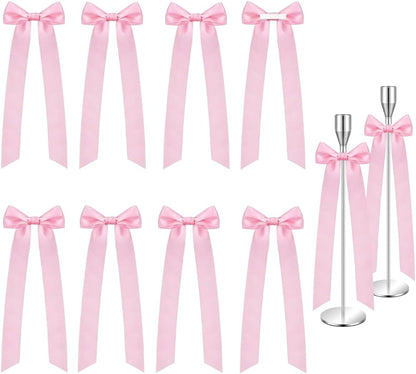 Pink Bows Decor for Candlesticks, 10 Pcs Long Tail Fabric Ribbon Bows for Candle Holder Decor, Pink Bow Decorations for Wedding Table Centerpieces, Home, Party and Holiday Styling