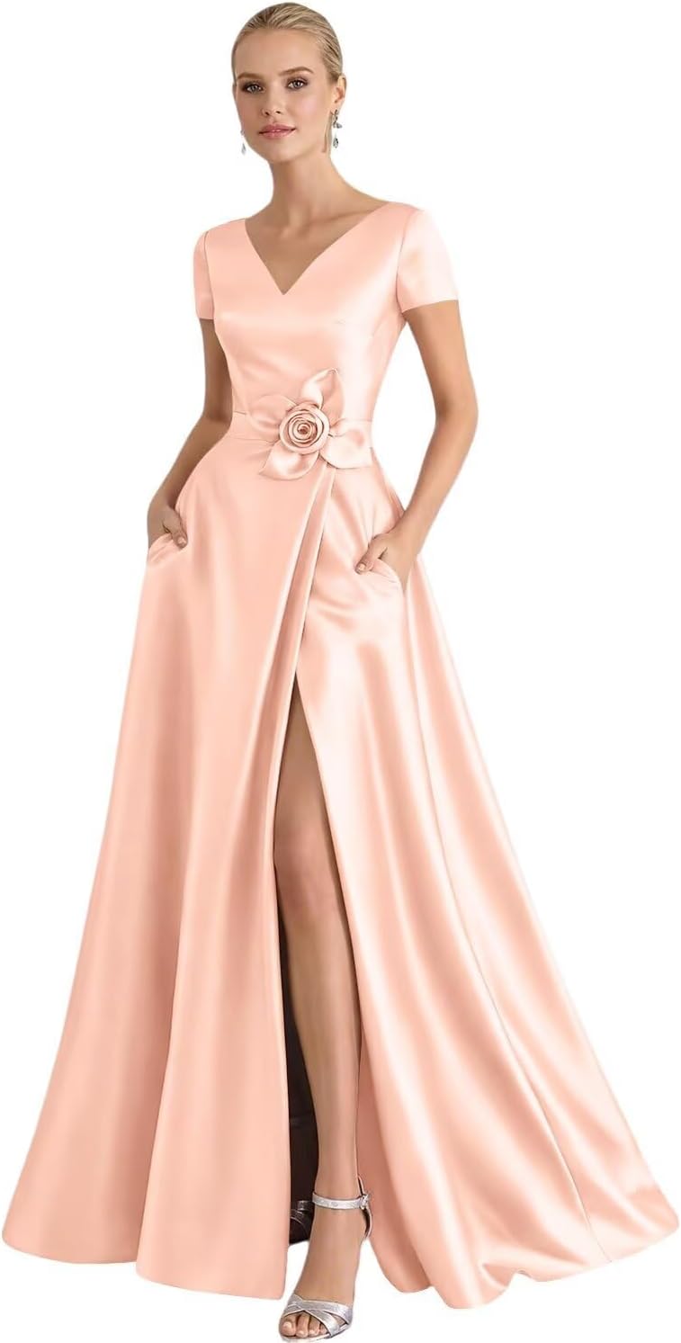 Short Sleeve Prom Dresses for Women 3D Flower Satin Formal Evening Gown with Slit V Neck Long Mothet of The Bride Dress