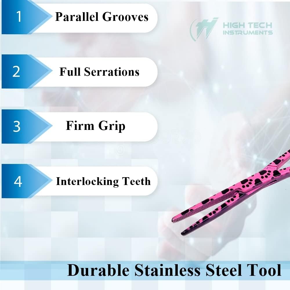 Hemostat & Scissors with Multicolor Pattern - Set of 3 - Suture Removal Scissors, Hemostatic Forceps, Pink Paws Print