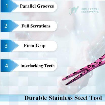 Hemostat & Scissors with Multicolor Pattern - Set of 3 - Suture Removal Scissors, Hemostatic Forceps, Pink Paws Print