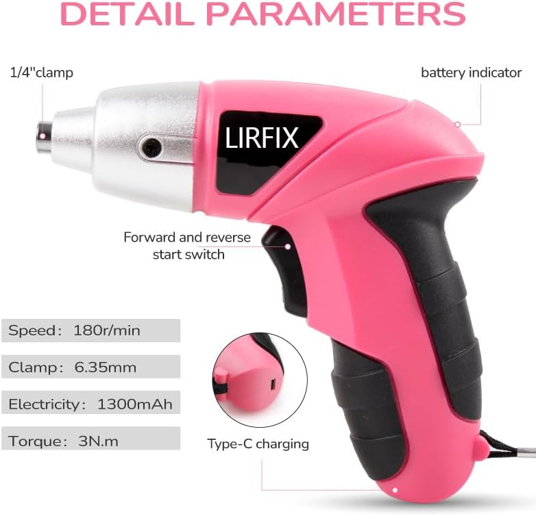 Pink 20-Piece 3.6V USB Rechargeable Cordless Screwdriver Set - Compact Toolbox with Claw Hammer, Needle-Nose Pliers & Screwdriver Bits, Low-Power Electric Tool Kit for Women, Ideal Gift