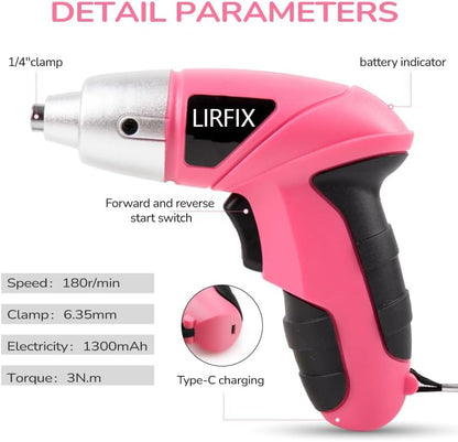 Pink 20-Piece 3.6V USB Rechargeable Cordless Screwdriver Set - Compact Toolbox with Claw Hammer, Needle-Nose Pliers & Screwdriver Bits, Low-Power Electric Tool Kit for Women, Ideal Gift