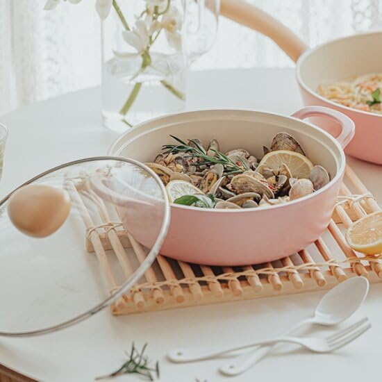 Neoflam Retro 2.0QT Low Stock Pot with Lid – 8.7" (22cm) Nonstick Ceramic Coated Casserole Pot for Soup, Pasta, Stew, Dishwasher Safe, Elegant Pink Cookware for Everyday Use, Made in Korea